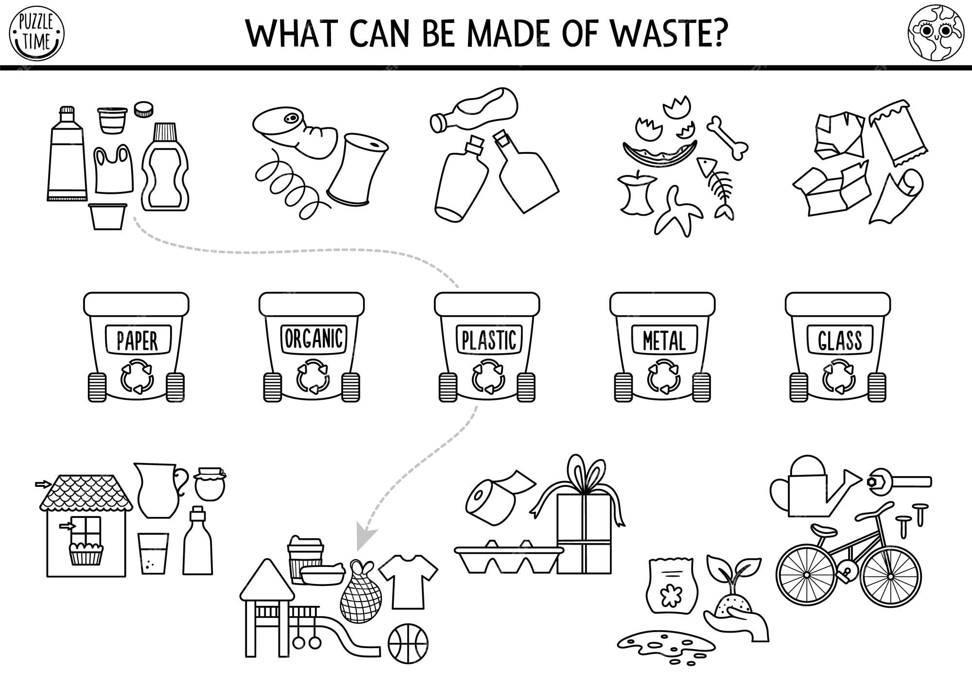 Premium vector ecological black and white matching activity with waste sorting concept earth day puzzle printable worksheet or game sort out garbage eco awareness coloring page for kids with rubbish binsxa