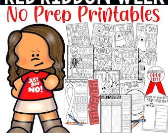 Red ribbon week drug free no prep printables coloring pages writing craft instant download