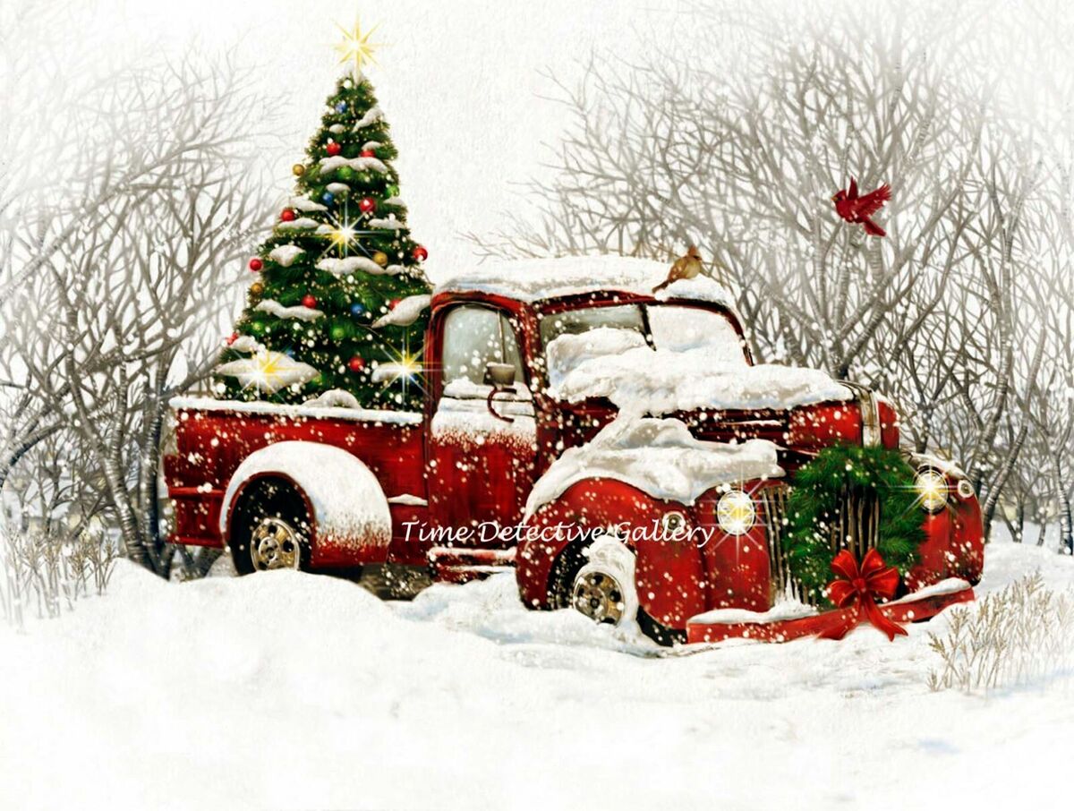 Vintage red truck christmas scene