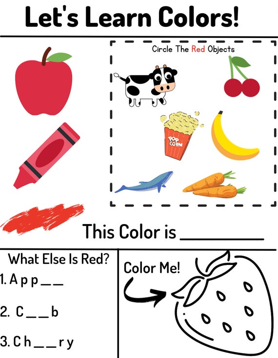 Learning the color red elementary school kids worksheet printable pdf pages