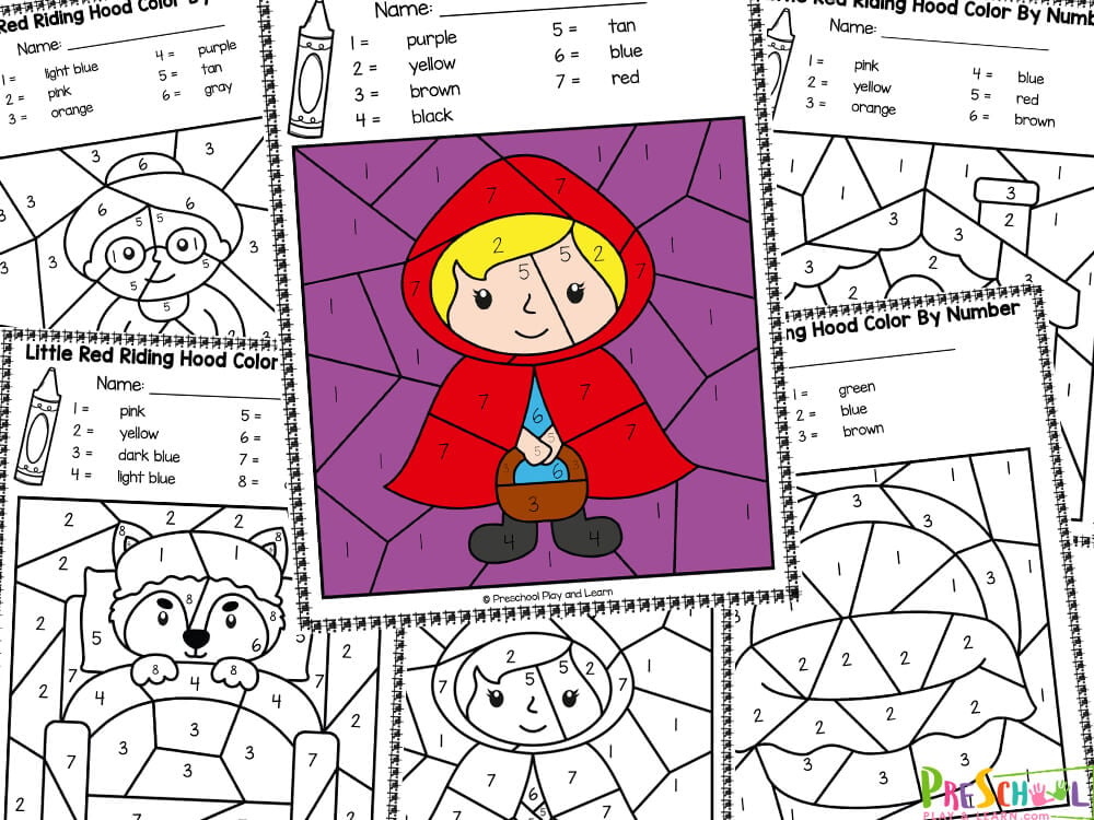 Free printable little red riding hood color by number worksheets