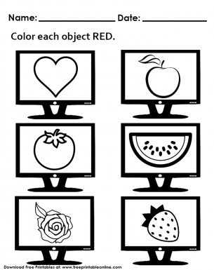 Color each object red preschool worksheet