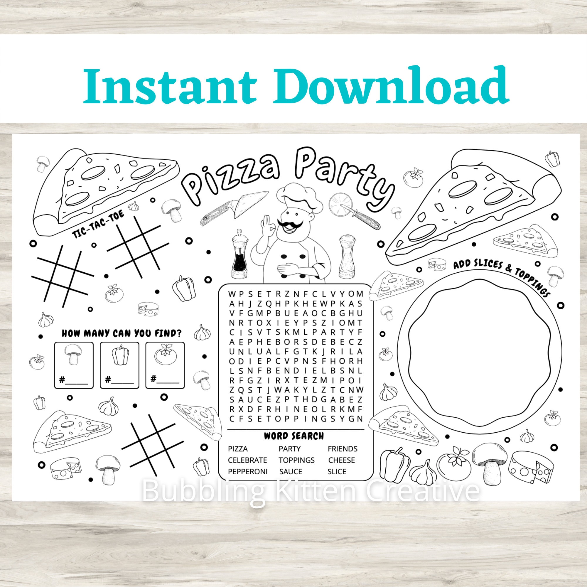 Kids pizza party placemat activity coloring sheet printable kids party favor instant download