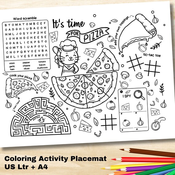 Pizza coloring placemat printable restaurant activity sheet for kids coloring page placemats with colouring and games party favor