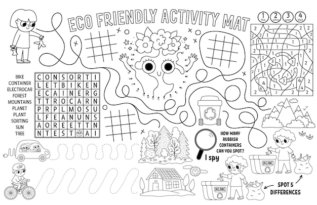 Premium vector vector ecological placemat for kids eco awareness printable activity mat with maze tic tac toe charts connect the dots find difference earth day black and white play mat or