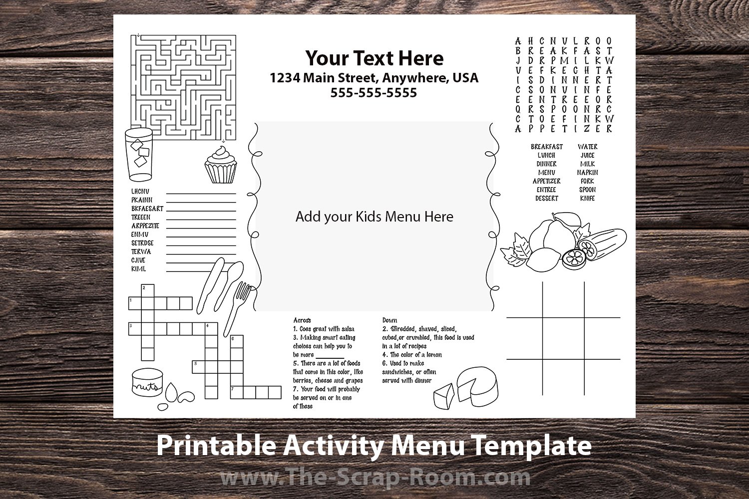 Printable kids activity menu template for restaurants