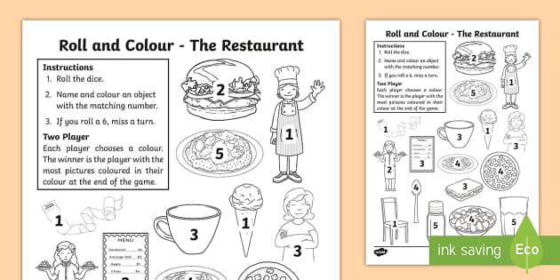 The restaurant aistear roll and colour worksheet