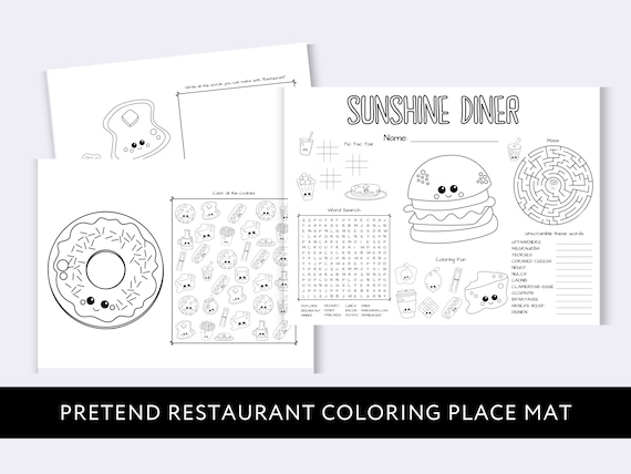 Printable restaurant place mat coloring page for kids diner digital download pretend play instant download download now