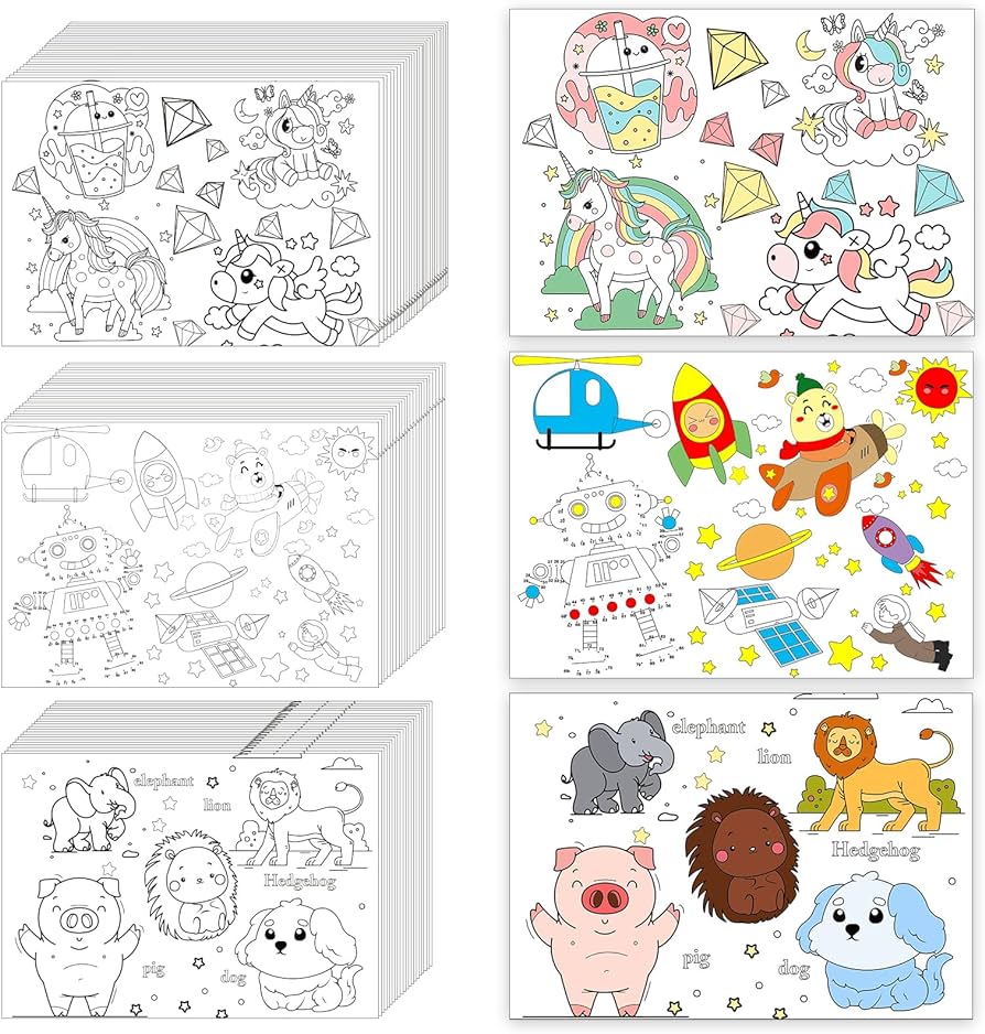 Pieces disposable paper placemats coloring activity sheets paper place mats bulk dining table placemats set sublimation placemats for restaurant christmas partyspace aminal unicorn themeï baby