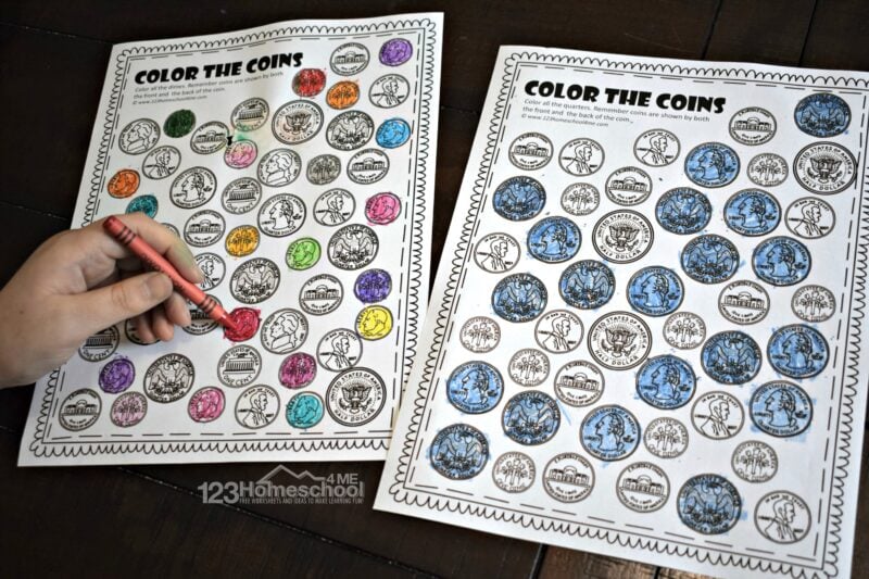 Free printable color the coin money worksheets