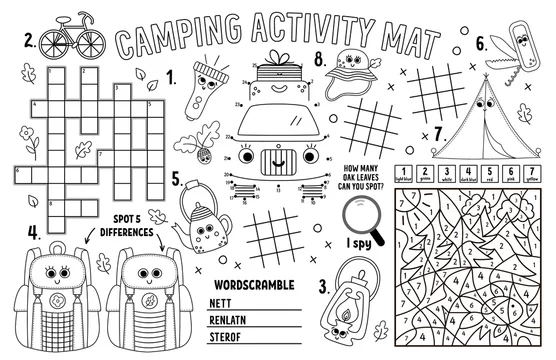 Vector camping placemat summer camp holidays printable activity mat with maze tic tac toe charts connect the dots crossword color by number black and white play mat or coloring page vector