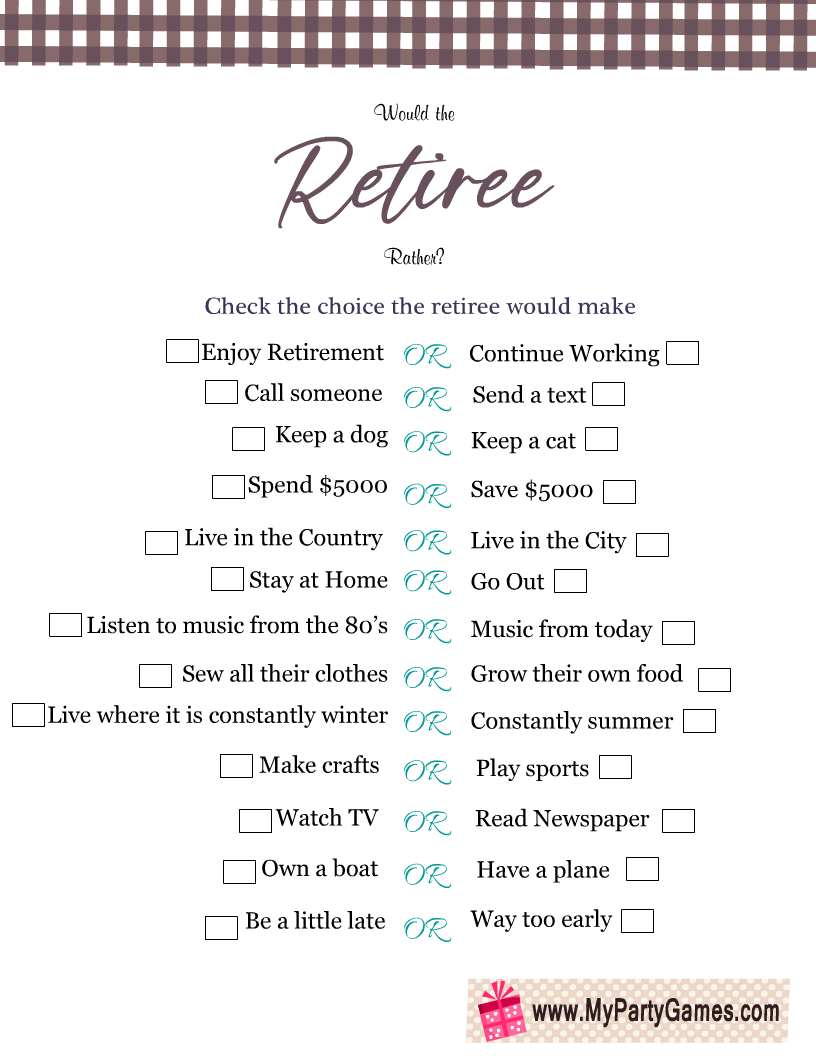 Free printable would the retiree rather retirement game