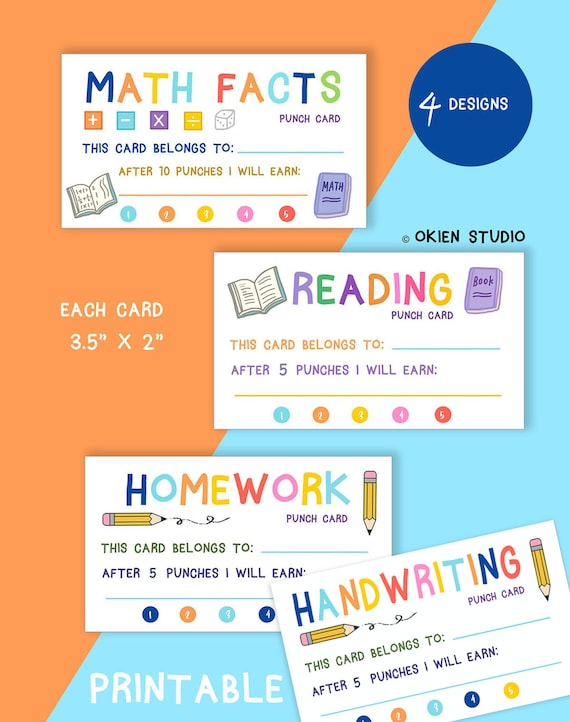 Printable reward punch card math facts reading reward card coupon rewards kid reward card homework punch card homeschool reward card download now