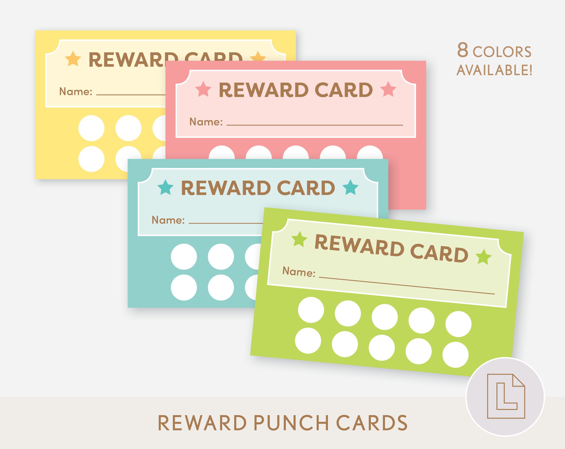 Kids rewards card printable punch card reward system responsibility chore chart card reward incentive coupon rainbow cards for class