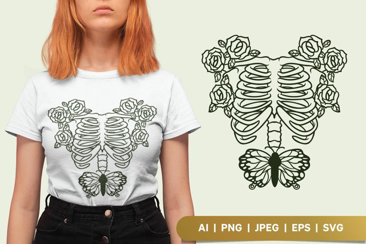 Human rib cage with decorative roses and butterfly svg