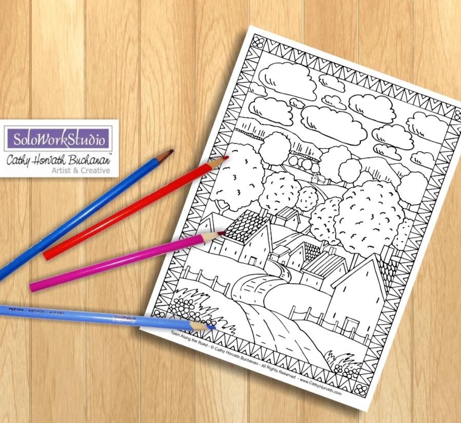 Village road scene coloring page printable pdf download â soloworkstudio