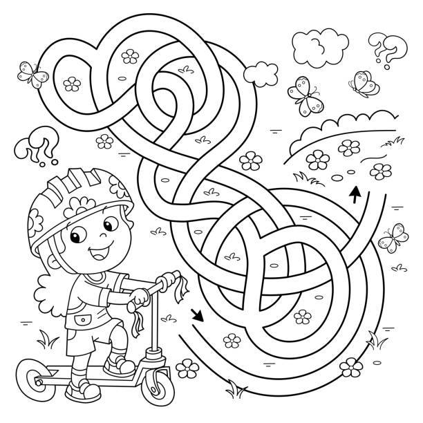 Maze or labyrinth game puzzle tangled road coloring page outline of cartoon girl with scooter sport activity coloring book for kids stock illustration