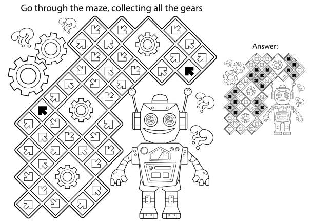 Maze or labyrinth game puzzle coloring page outline of cartoon robot with gears coloring book for kids stock illustration