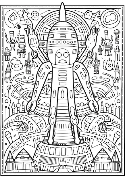 Premium photo a coloring page with a robot and a city in the background generative ai