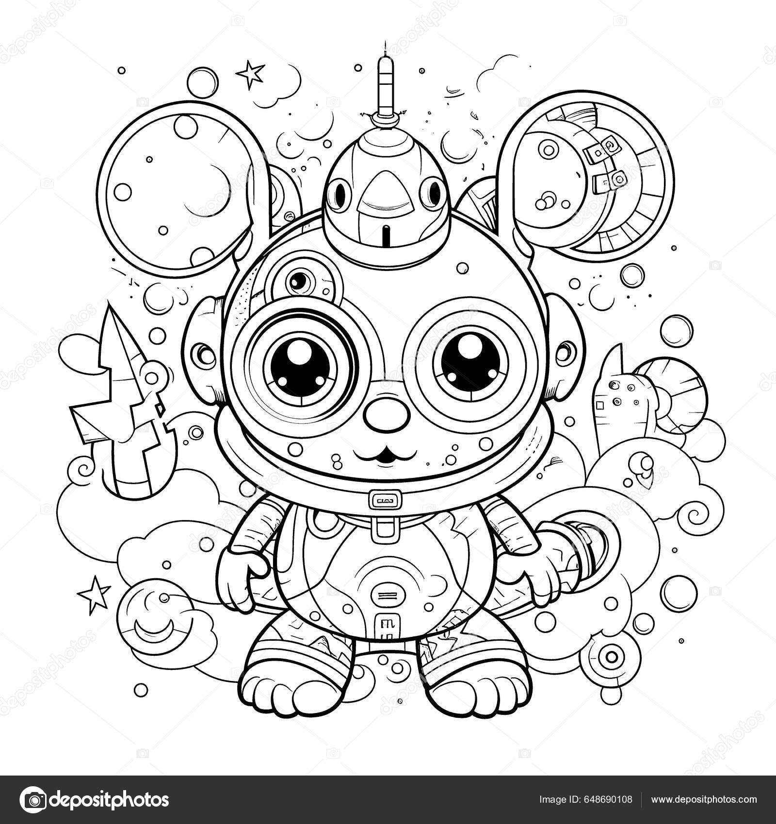 Robot black white coloring pages kids simple lines cartoon style stock vector by george