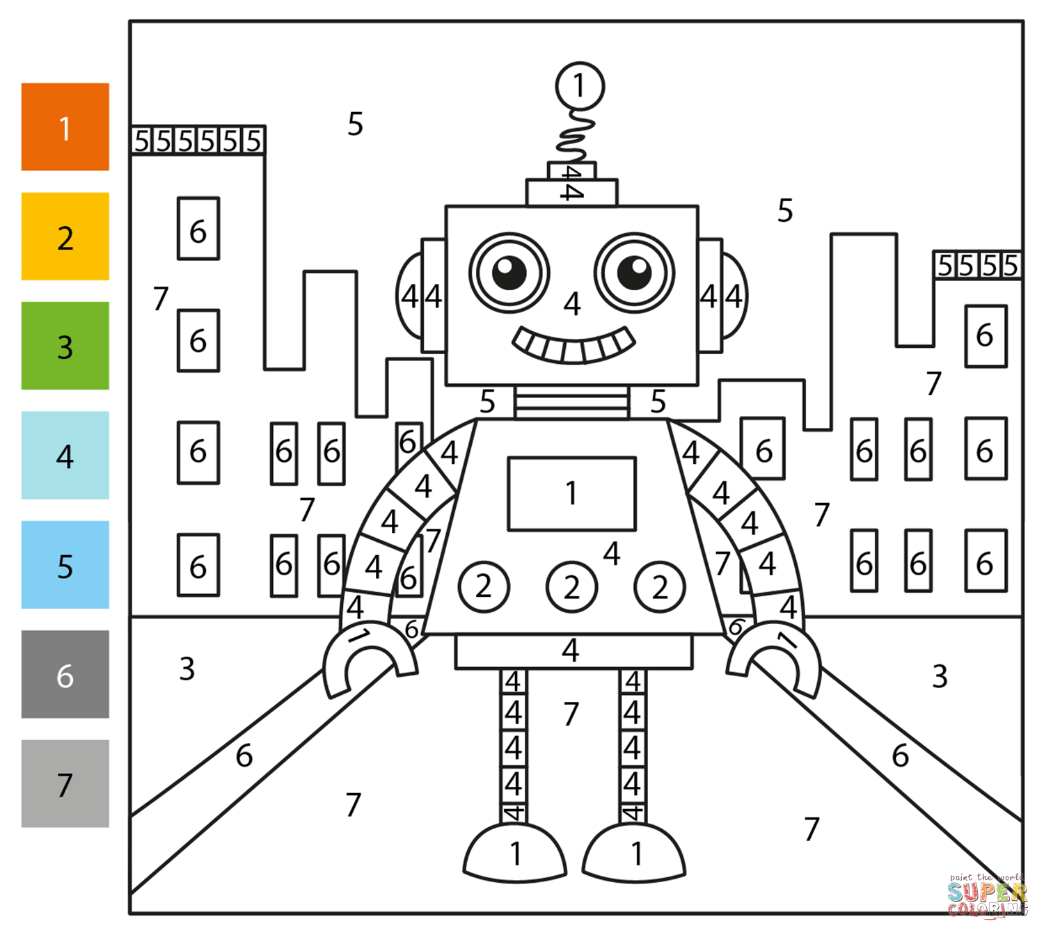 Robot color by number free printable coloring pages