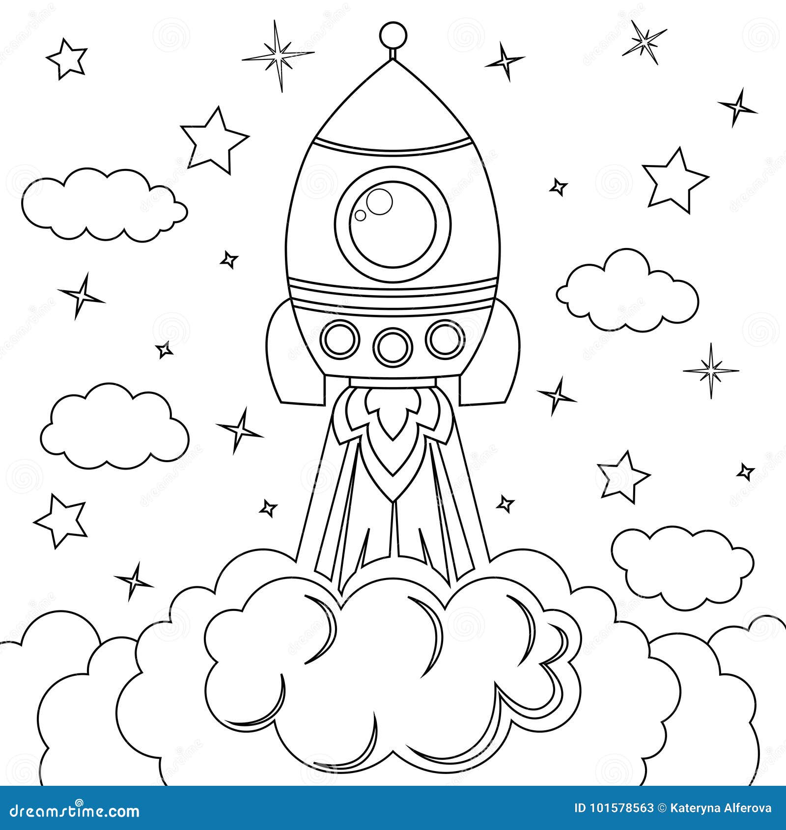 Rocket launch black and white vector illustration for coloring book stock vector