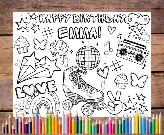 Customizable roller skating printable coloring page groovy activity sheet disco party