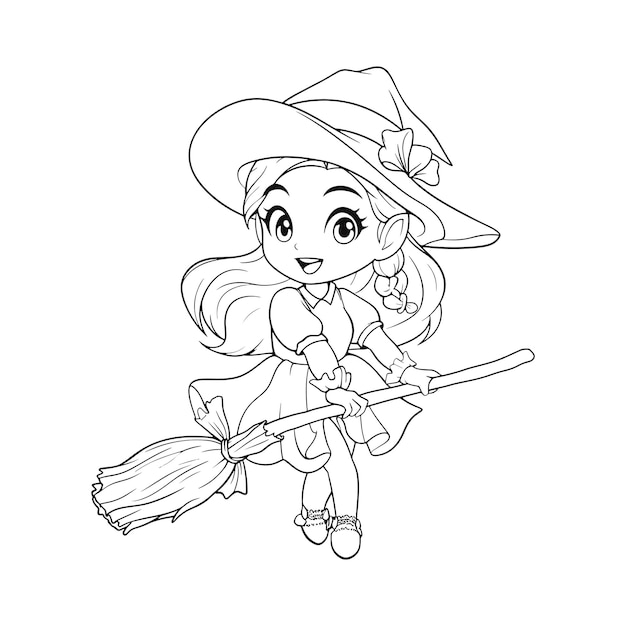 Premium vector cute little witch on a broom coloring book page for children