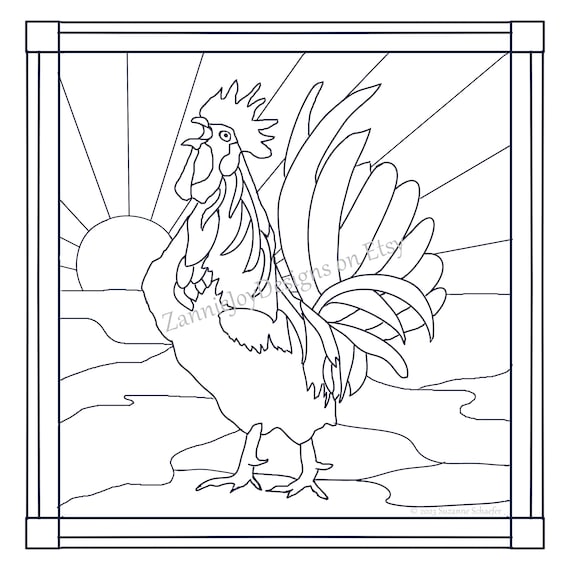 Stained glass crowing rooster pattern chicken drawing rooster drawing line drawing instant download printable pdf coloring page