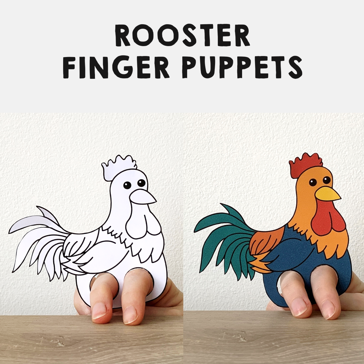 Rooster finger puppet printable farm animal coloring paper craft activity made by teachers