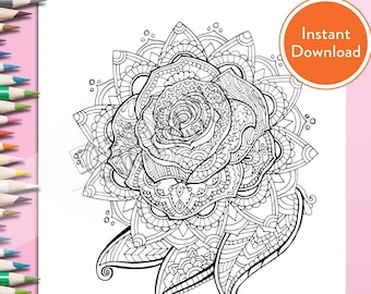 Printable mandala rose digital coloring page instant download