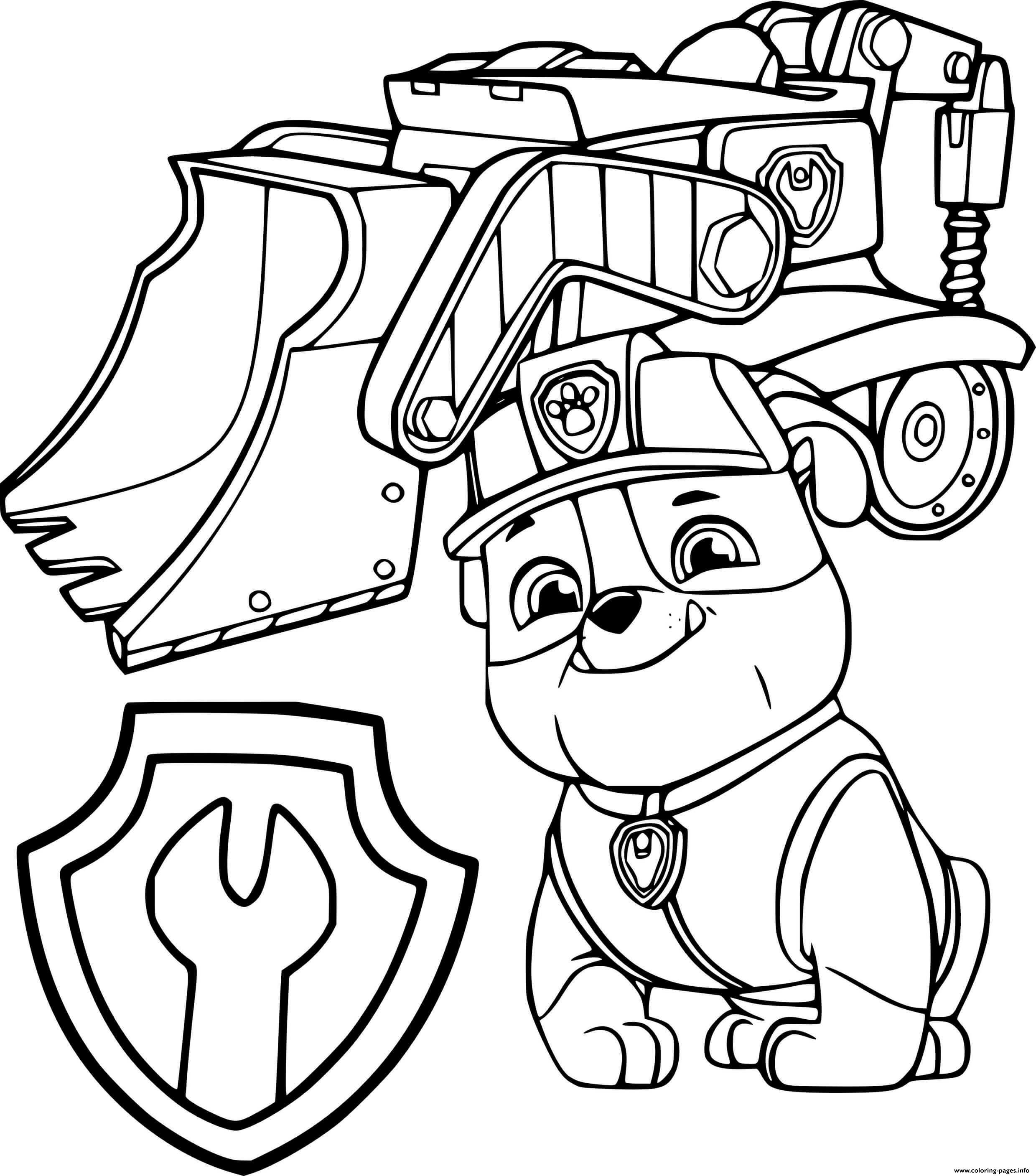 Rubble with bulldozer and his badge coloring page printable