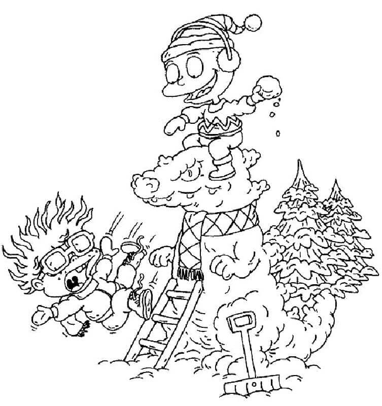 Children playing snowballs coloring page