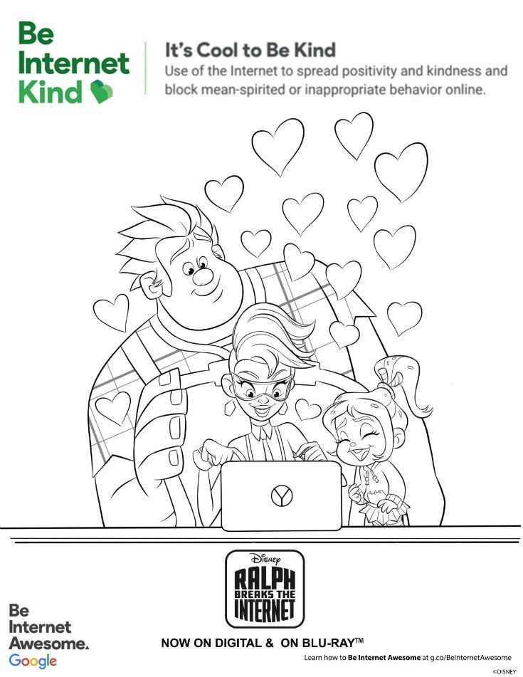 Free printable be kind coloring page from disney ralph breaks the internet via internet safety internet safety for kids internet safety worksheet