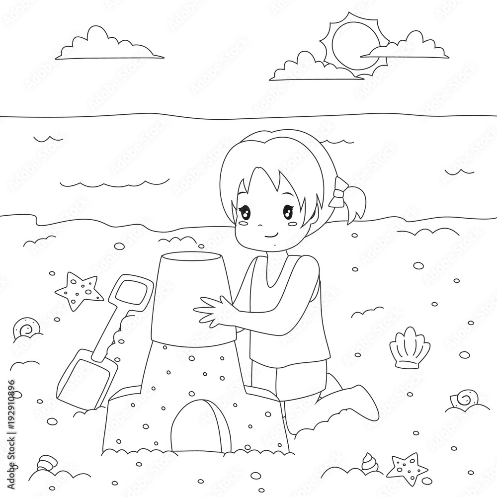 Happy girl making a sand castle on the beach beach holiday printable coloring page for kids template cartoon vector vector