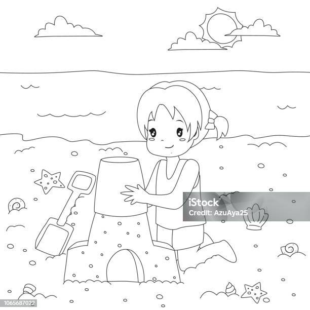 Happy girl making sand castle coloring page cartoon vector stock illustration