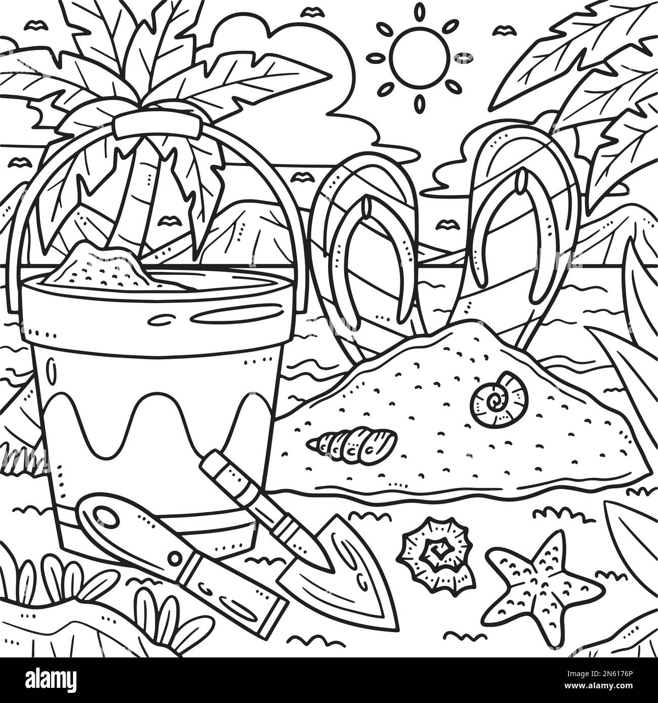 Summer sand castle tools coloring page for kids stock vector image art