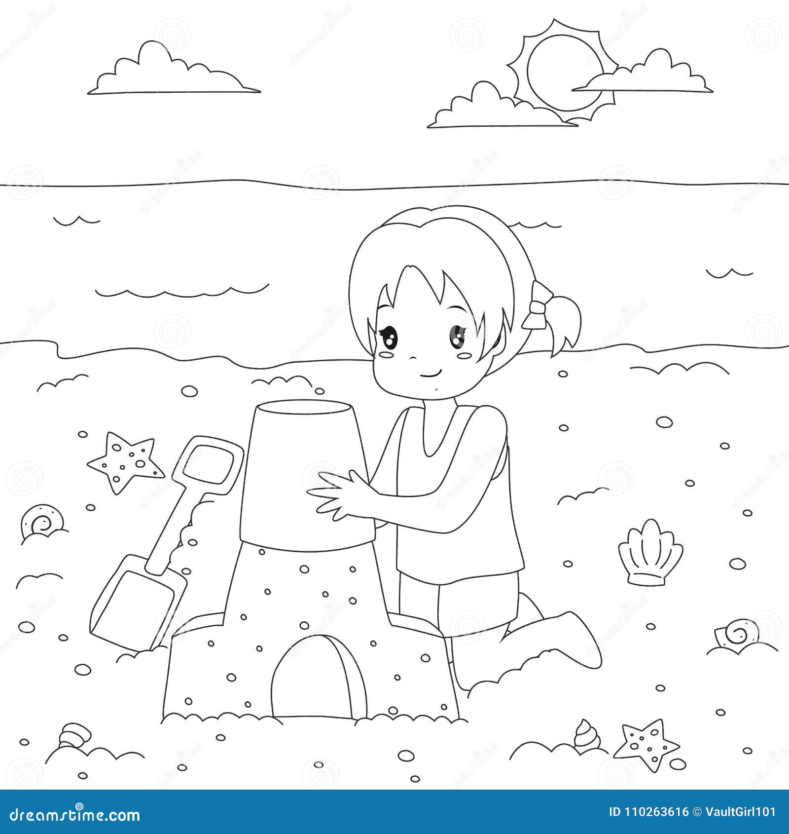 Happy girl making sand castle coloring page cartoon vector stock vector