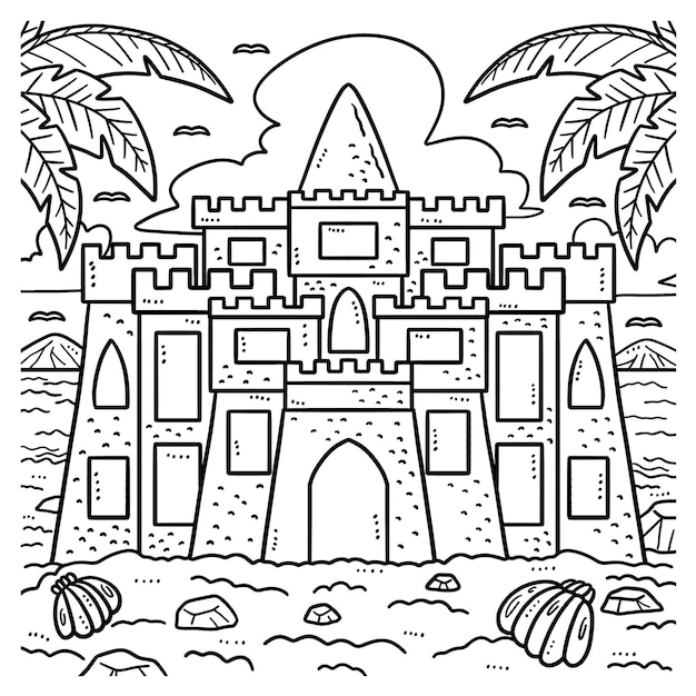 Premium vector summer sandcastle coloring page for kids