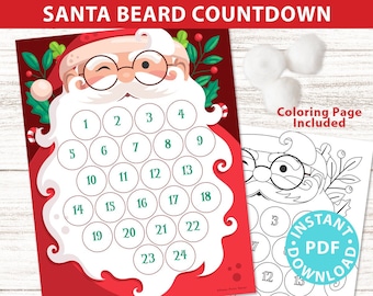 Santa beard countdown to christmas printable christmas advent calendar for kids w cotton balls coloring page included instant download