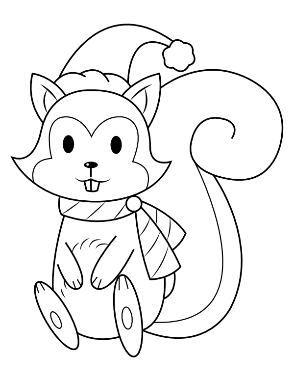 Printable squirrel wearing santa hat coloring page