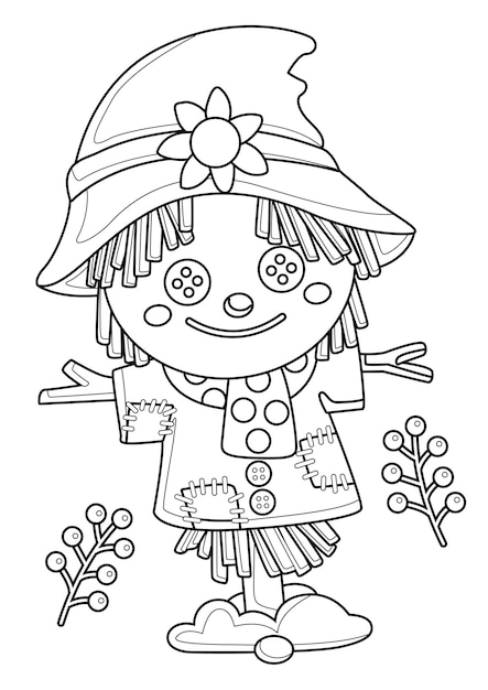 Premium vector cute autumn scarecrow and plants coloring pages a for kids and adult