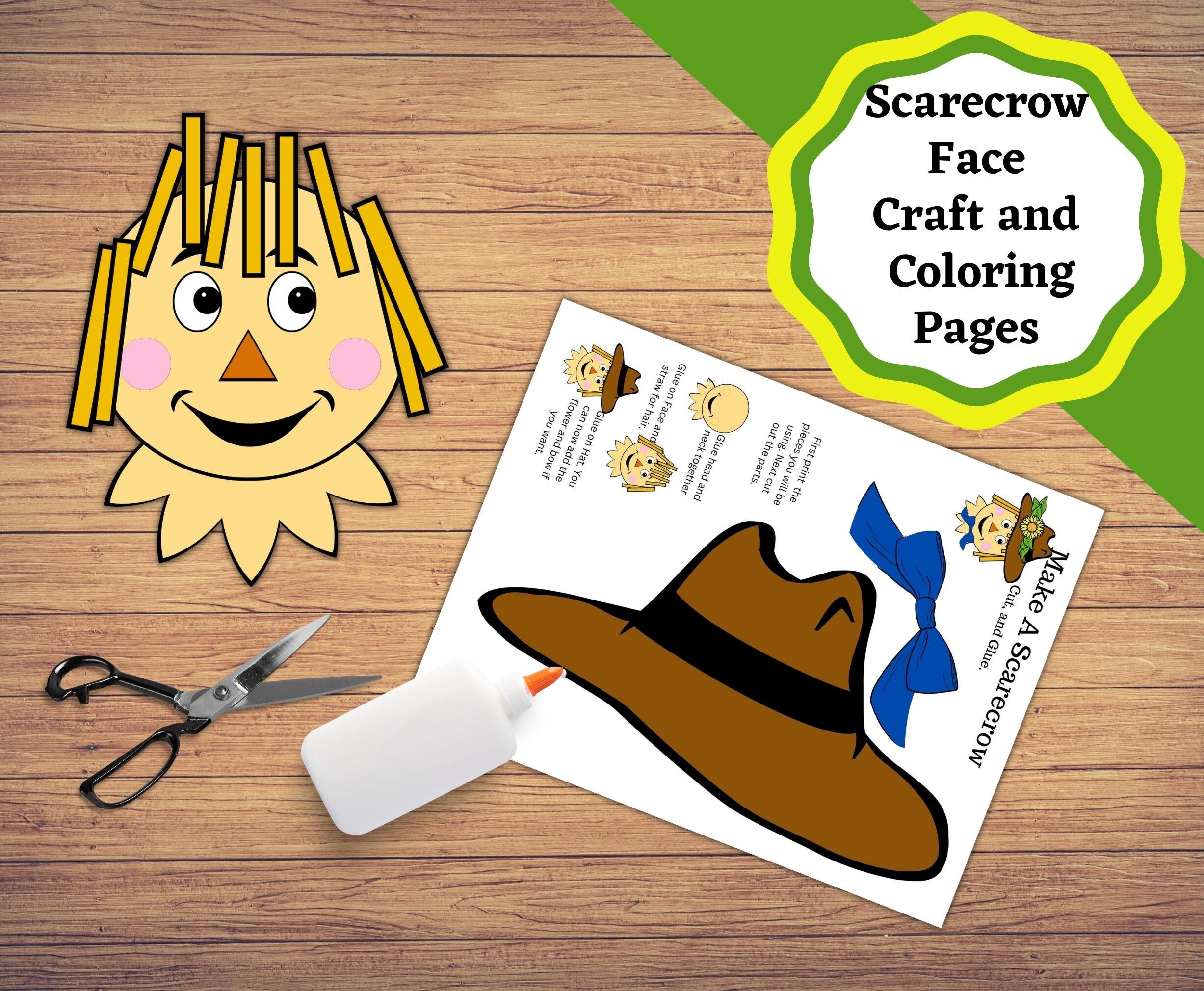 Scarecrow face fall printable craft easy classroom craft printable with a colored and colorable scarecrow plus coloring pages download now