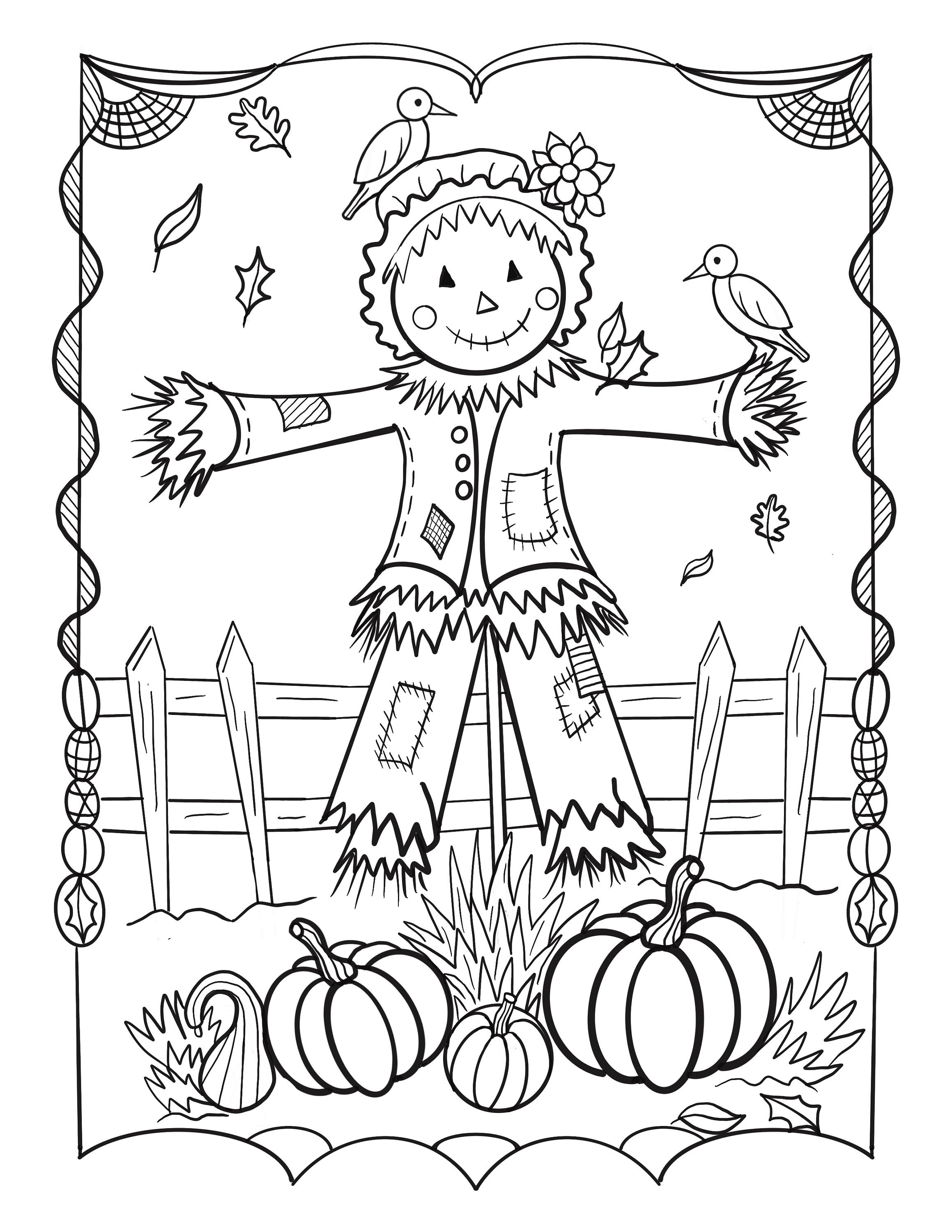 Harvest scarecrow fall scene adult coloring page pdf digital download