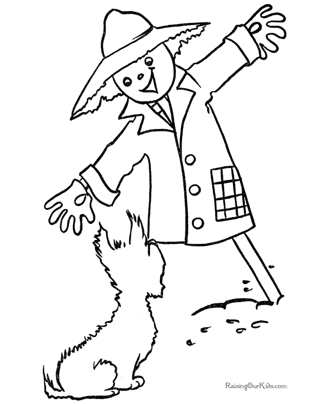 Dog and scarecrow halloween coloring page