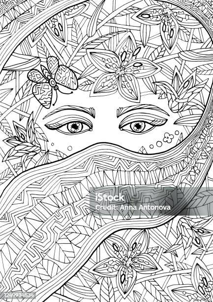 Coloring book colouring pictures with woman flowers and scarf antistress freehand sketch drawing stock illustration