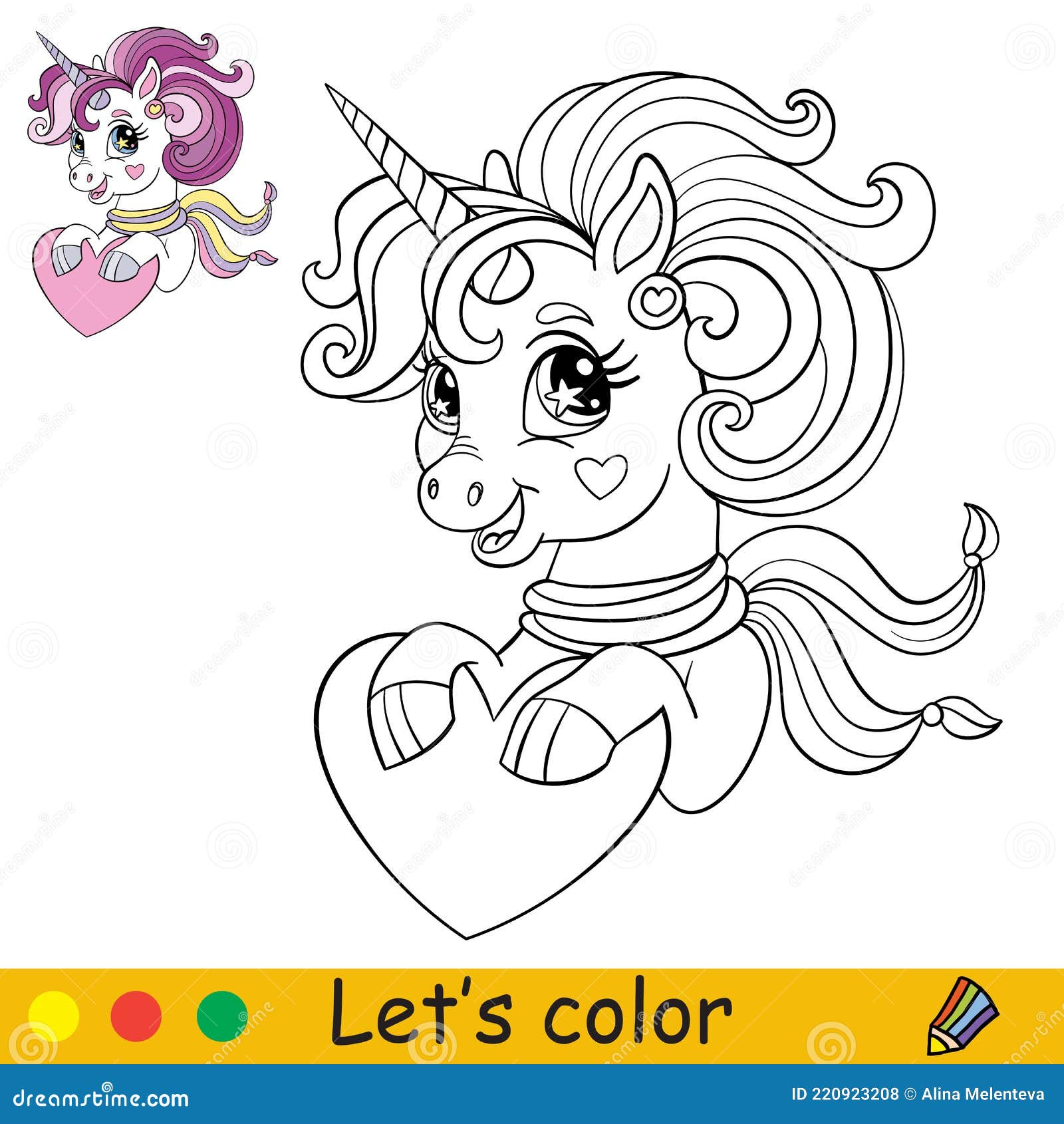 Cartoon cute unicorn with a scarf holds a heart in its hooves coloring stock vector