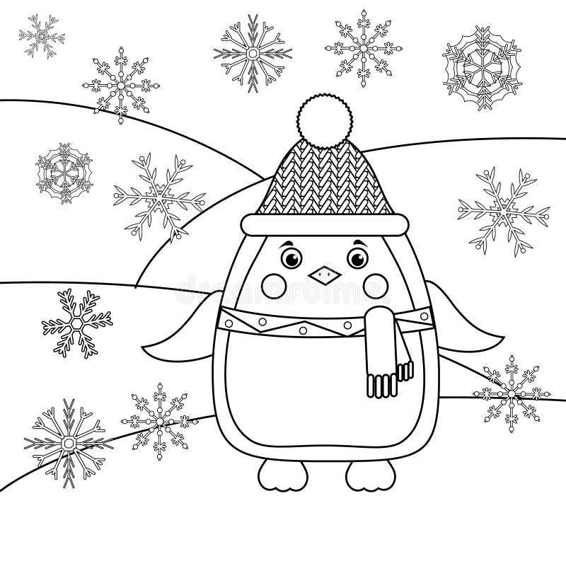 Coloring page with penguin and snowflakes educational game drawing kids activity stock vector