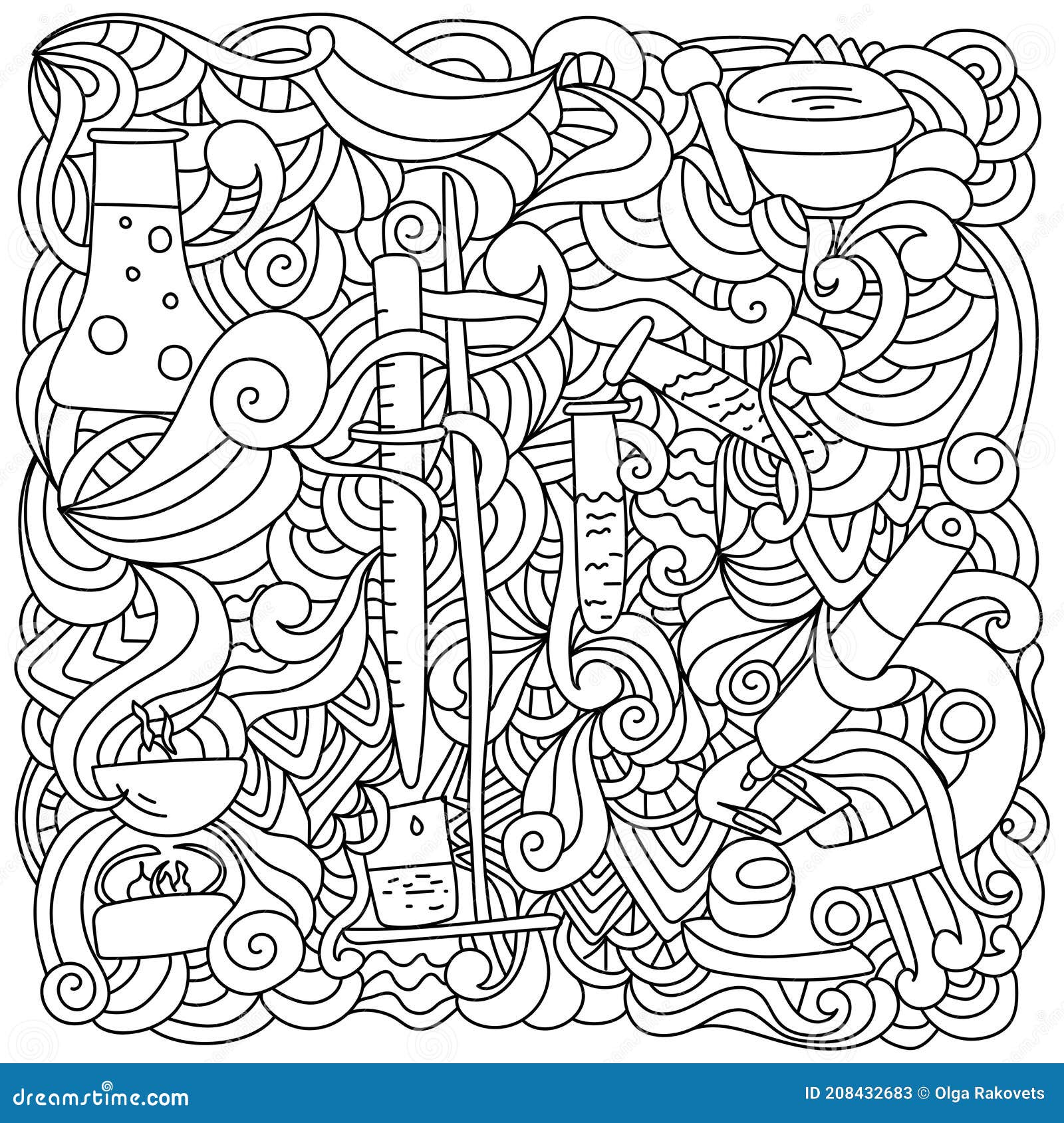 Science coloring page antistress doodles and curls with laboratory equipment stock vector