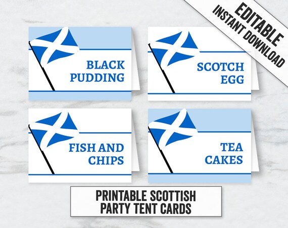 Scottish flag tent card printables editable scotland themed party place tent cards editable scottish party tent cards diy party decor sl